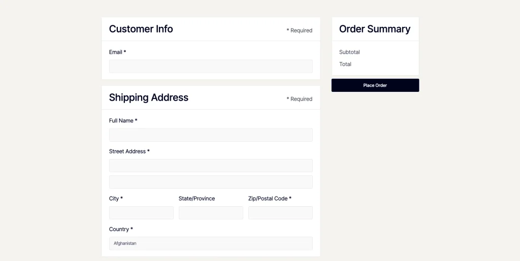 creatist_ecommerce_checkout - TNCFlow Checkout form with two columns: left shows Customer Info and Shipping Address sections (email, name, address fields); right shows Order Summary with Subtotal/Total and a dark'Place Order' button.