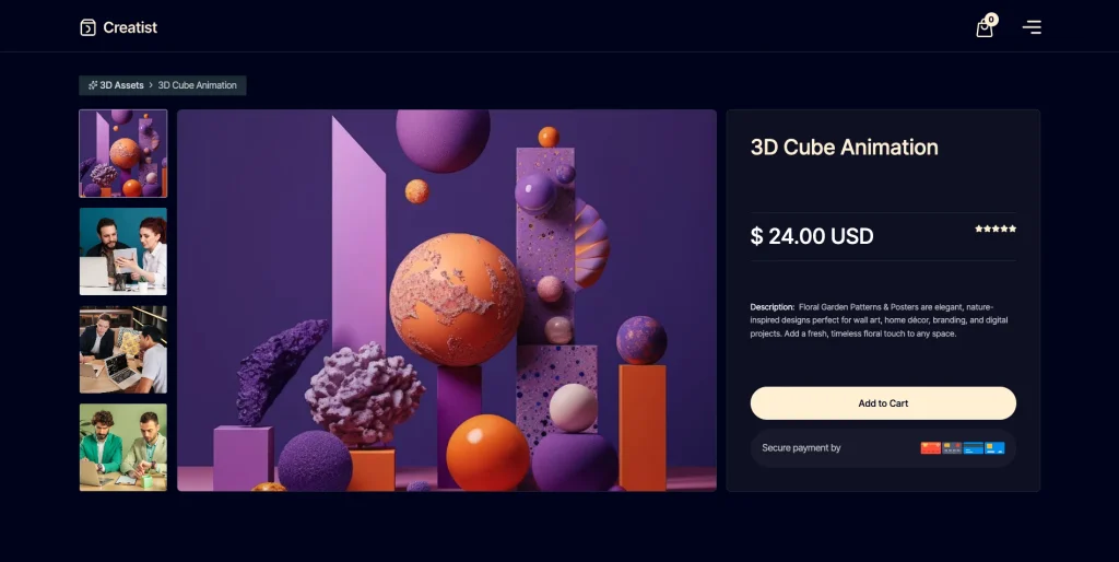 creatist_product_detail_experience - TNCFlow Product page showing 3D Cube Animation with a purple gallery layout and right-side purchase panel showing price .00 USD and Add to Cart button