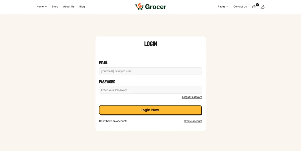 customer_account_pages - TNCFlow Login form on beige page with email and password fields, 'Forgot Password' link, and a yellow 'Login Now' button