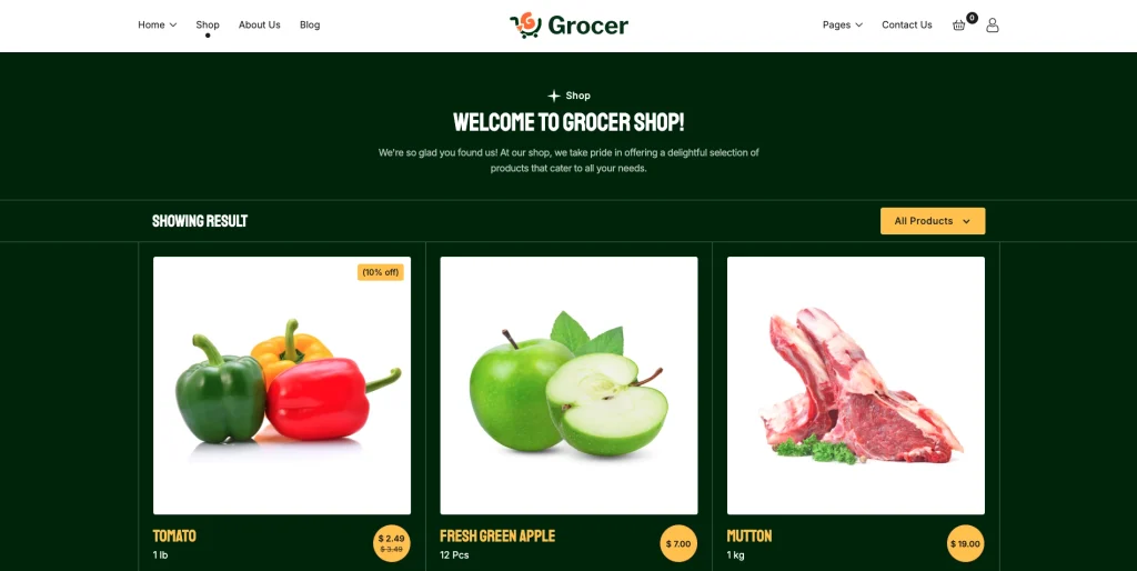 ecommerce_product_catalog - TNCFlow Hero area: welcome banner for Grocer Shop with dark green background and white text navigation above the product grid