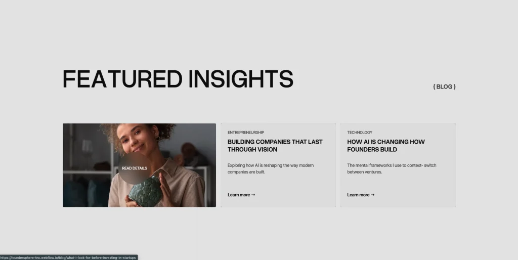 foundersphere_blog_insights - TNCFlow Featured Insights hero with three blog cards: left image of a smiling woman holding a plant, with two article cards on the right about entrepreneurship and AI.