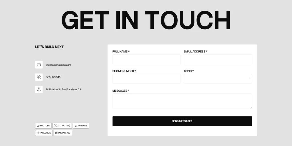 foundersphere_contact_form - TNCFlow Contact page with left-side contact details and a right-side form for name, email, phone, topic, and message, with a Send button.