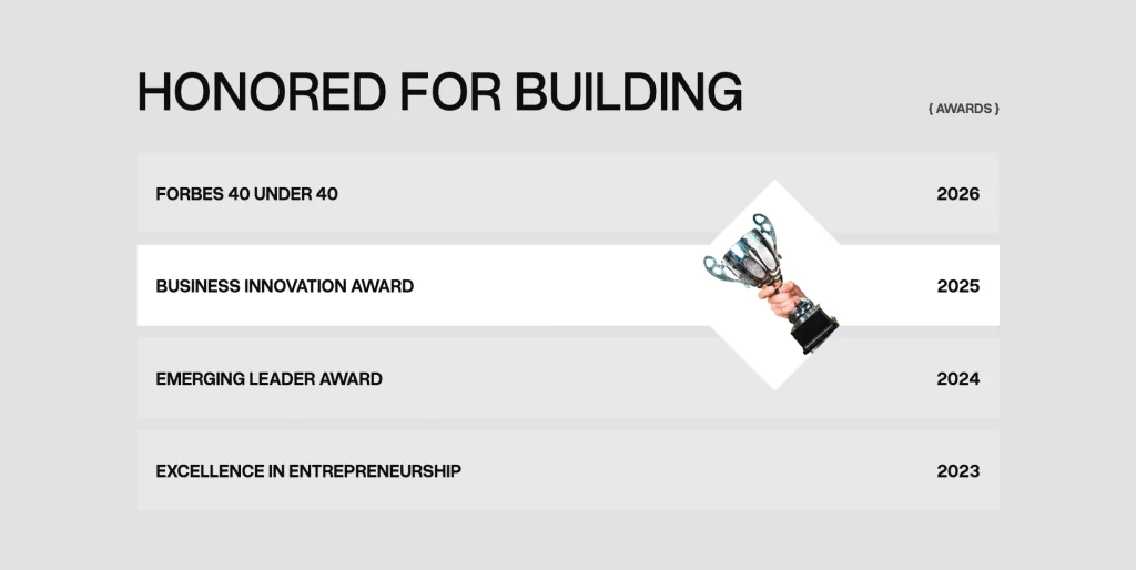 foundersphere_founder_experience_awards - TNCFlow Awards timeline titled'Honored for Building' showing yearly honors: Forbes 40 Under 40 (2026), Business Innovation Award (2025) with trophy image, Emerging Leader Award (2024), Excellence in Entrepreneurship (2023).