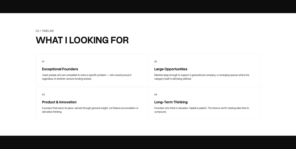 foundersphere_investment_thesis - TNCFlow Section header 'WHAT I LOOKING FOR' above a 2x2 grid of four cards: 01 Exceptional Founders, 02 Large Opportunities, 03 Product & Innovation, 04 Long-Term Thinking with brief descriptions.