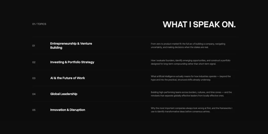 foundersphere_podcast_speaking_content - TNCFlow Dark-themed topics page titled 'WHAT I SPEAK ON' listing five talks with brief descriptions on the right (Entrepreneurship & Venture Building; Investing & Portfolio Strategy; AI & the Future of Work; Global Leadership; Innovation & Disruption).