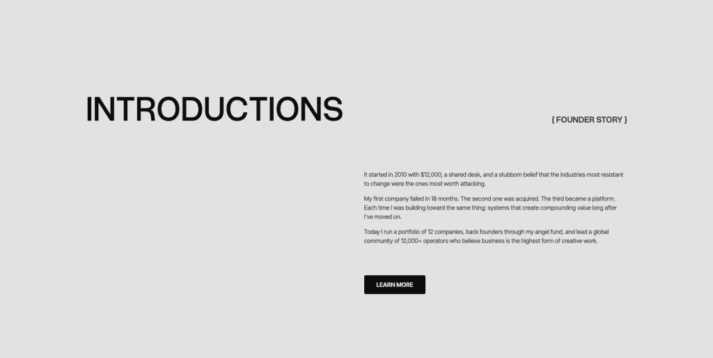 foundersphere_serial_entrepreneur_homepage - TNCFlow Intro section hero with a large'INTRODUCTIONS' heading on the left, a 'FOUNDER STORY' label on the right, short founder bio paragraphs, and a black Learn More button below.