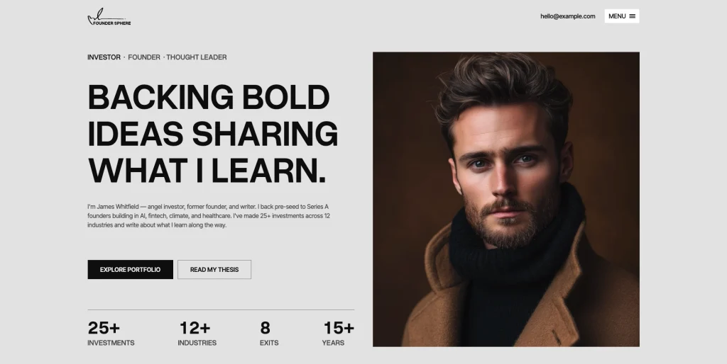 foundersphere_three_complete_homepage_layouts - TNCFlow Split hero: bold headline on the left and a close-up portrait of a man in a camel coat on the right.