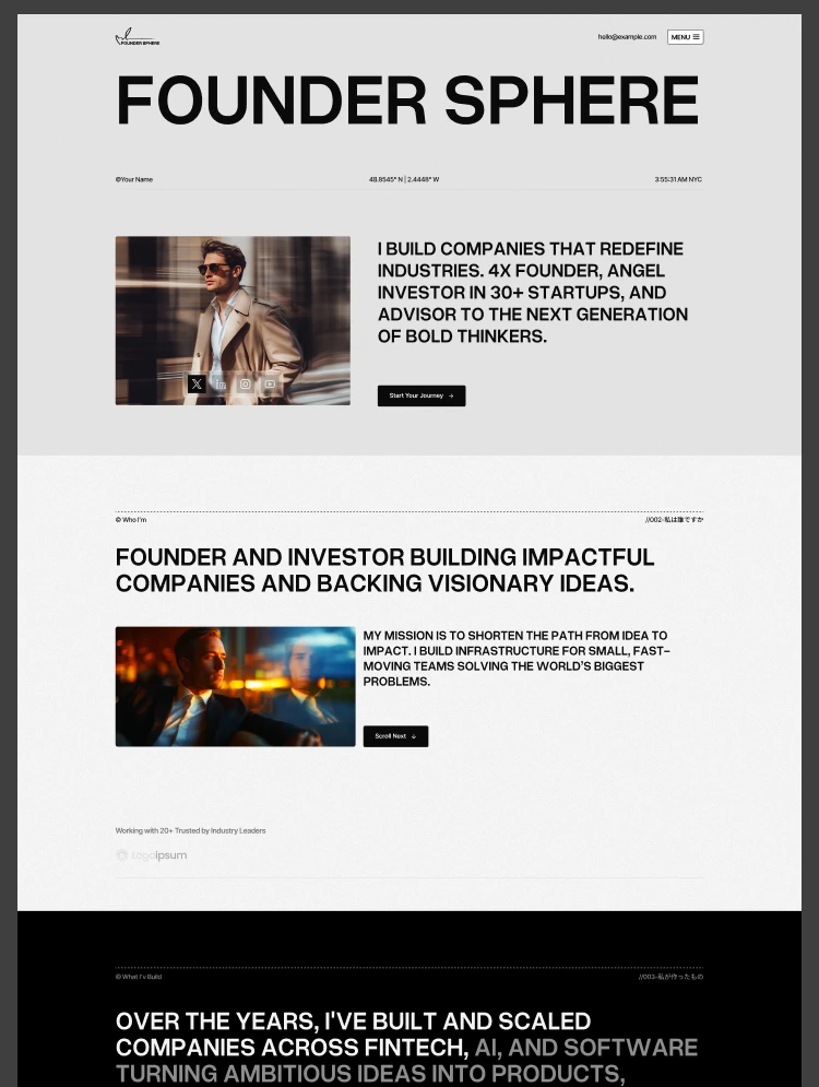Founder Sphere homepage hero: bold logo text with a split layout—left image of a man in a coat, right bold mission statement and a Start Your Journey button.