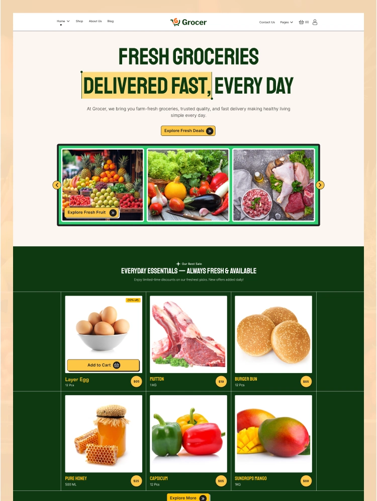 Homepage hero for Grocer: bold 'Fresh Groceries Delivered Fast, Every Day' with a three-panel produce carousel at center.