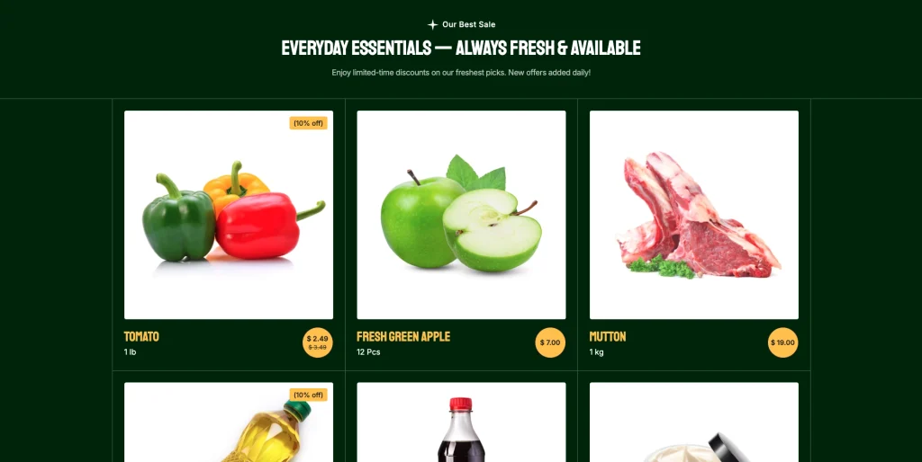 grocery_category_showcase - TNCFlow Product grid showing bell peppers, fresh green apples (one whole, one sliced), and raw mutton rib chops on a dark-green e-commerce site background.