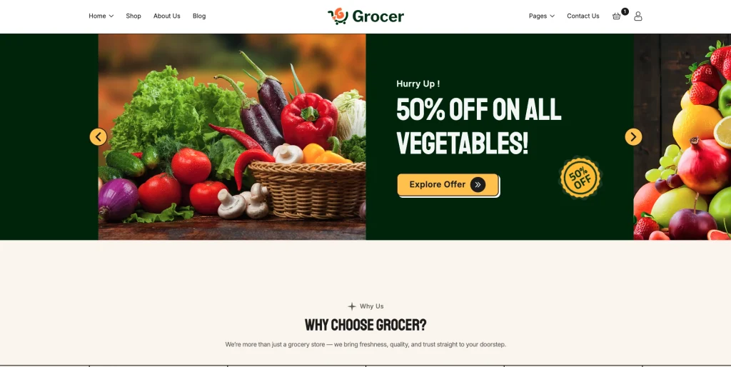 promotional_offer_sections - TNCFlow Promotion banner showing a veggie basket and fresh produce with bold'50% OFF ON ALL VEGETABLES' text and 'Explore Offer' button