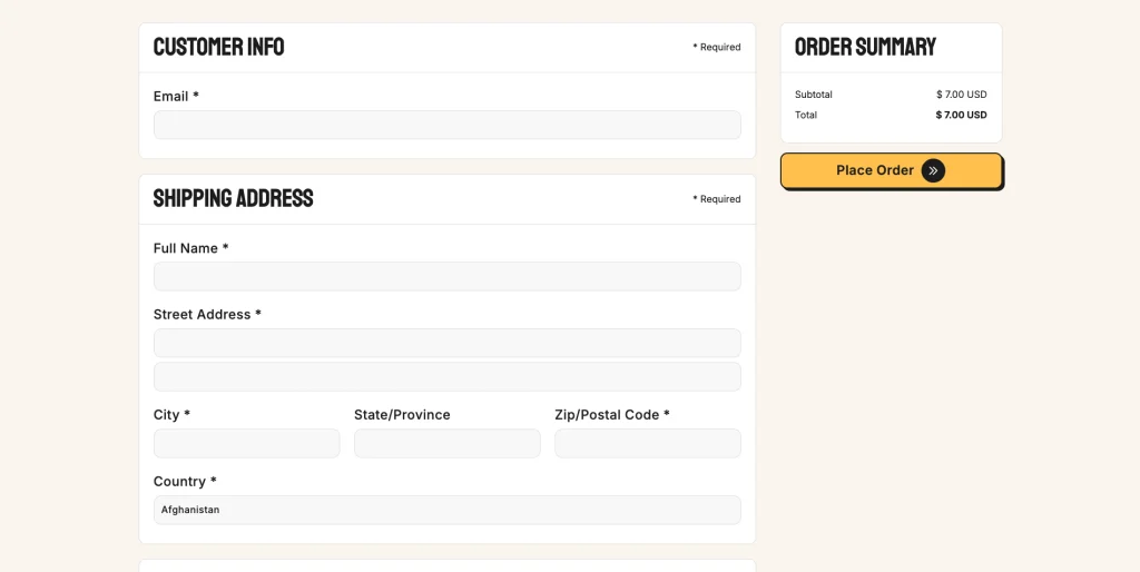 shopping_cart_checkout - TNCFlow Checkout form with Customer Info and Shipping Address sections, plus Order Summary and a Place Order button