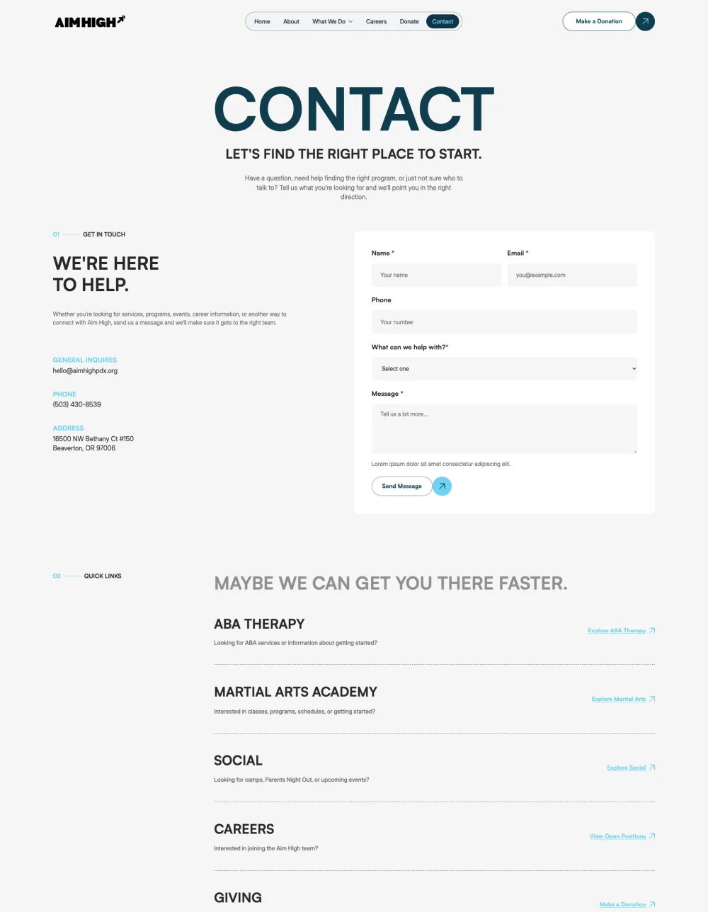 Aim High PDX contact page with enquiry form