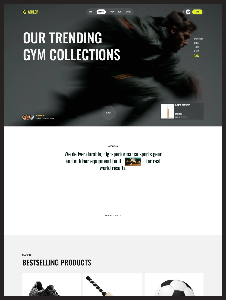 Hero banner with a blurred running figure and the bold headline 'Our Trending Gym Collections' in a dark site header backdrop.