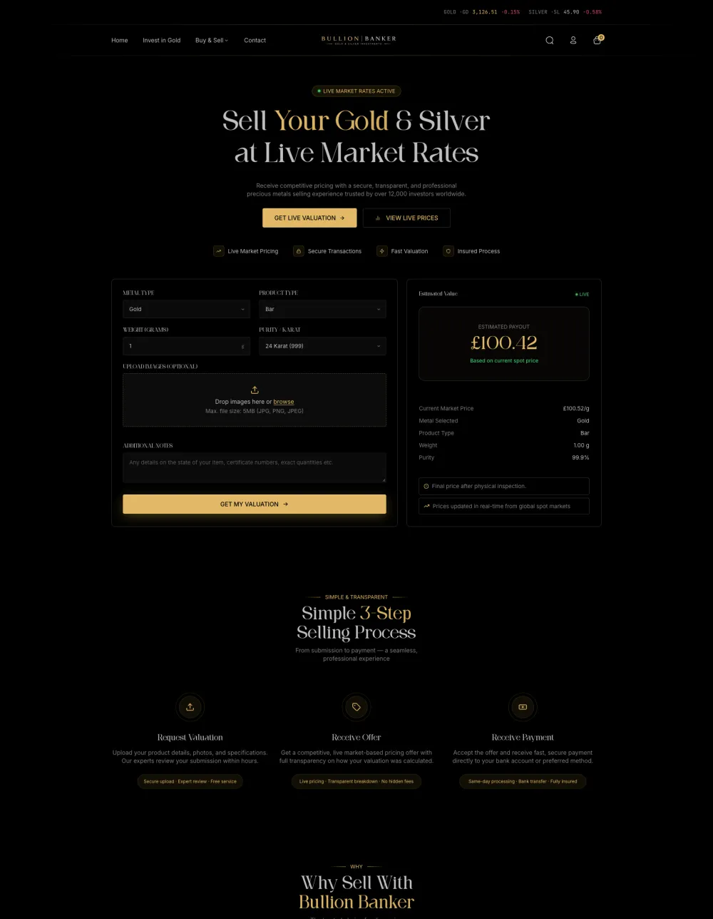 Bullion Banker sell gold and silver page with market rate valuation form