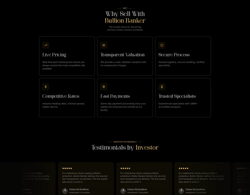 Bullion Banker sell page: why sell with Bullion Banker benefit cards