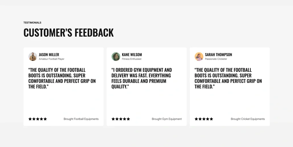 customer_feedback_section - TNCFlow Three testimonial cards in a row: Jason Miller, Amateur Football Player, with his quote about football boots and a 5-star rating; category'Brought Football Equipment.'