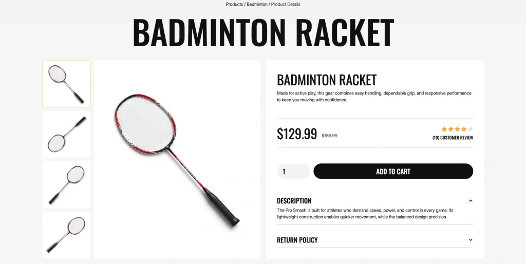 detailed_product_pages - TNCFlow Badminton racket product page with large central image and left thumbnail gallery; price and add-to-cart on the right panel.
