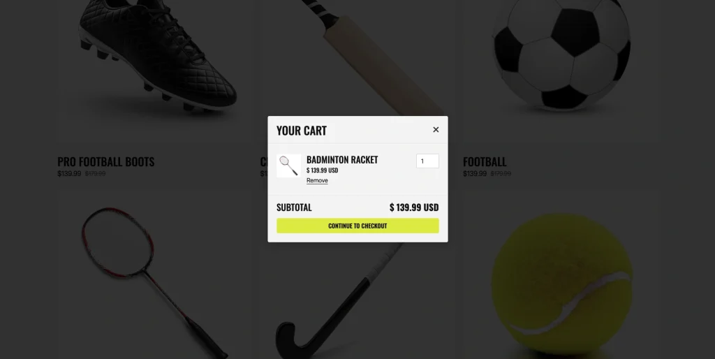 ecommerce_shopping_cart - TNCFlow Cart overlay: shows 1x badminton racket totaling 9.99 with a Continue to Checkout button and Remove option