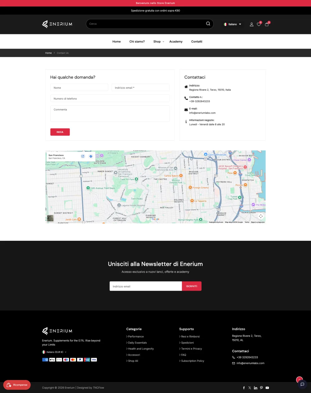 Enerium contact page with store map