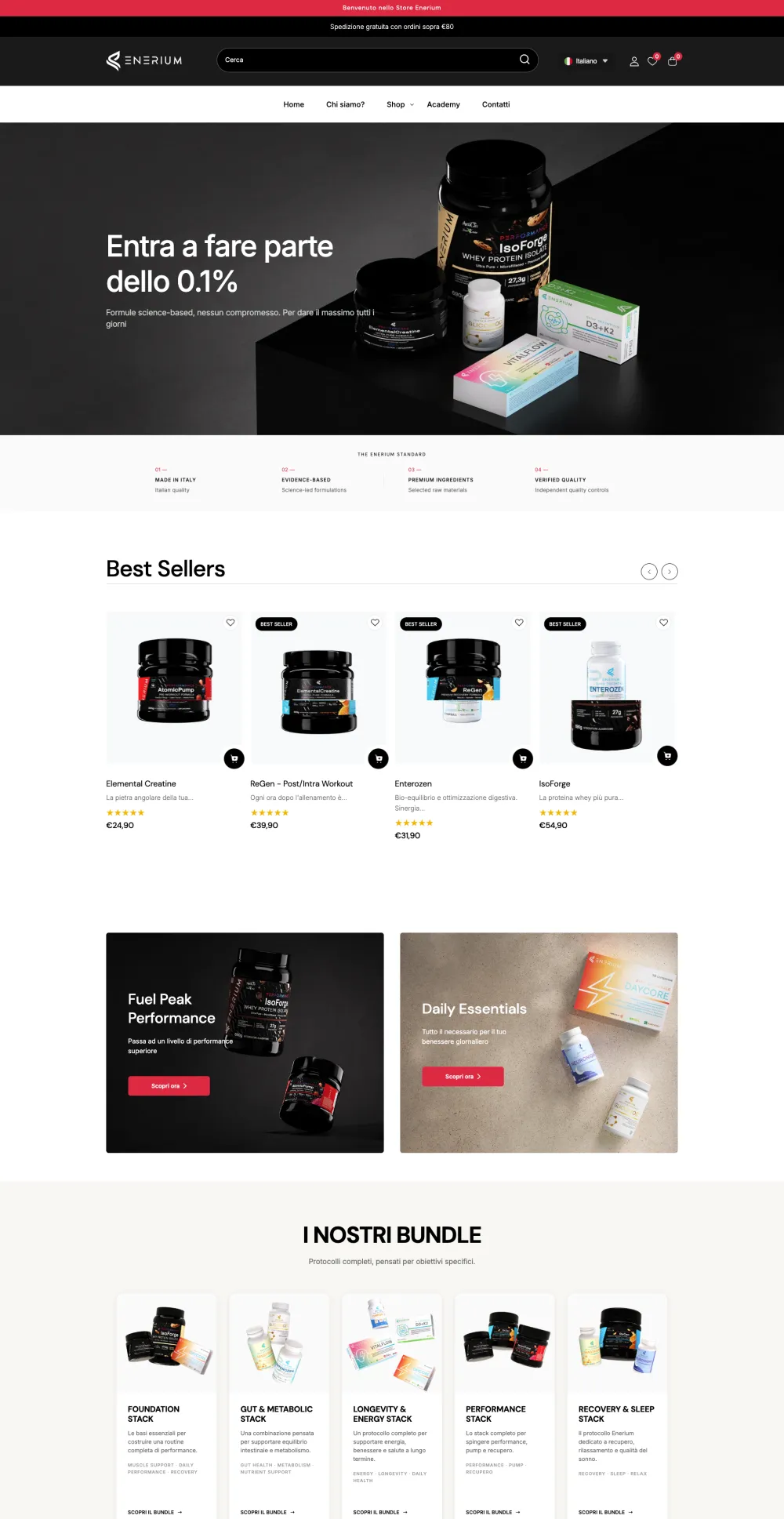 Enerium homepage with hero and featured supplements