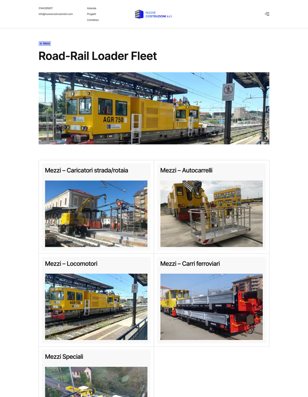 Nuove Costruzioni Mezzi page showing the road-rail loader fleet
