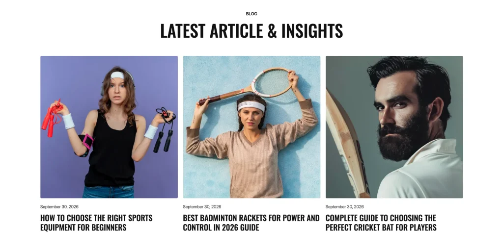 sports_blog_insights - TNCFlow Row of three article thumbnails featuring sports-themed photos: a woman with jump rope accessories, a woman with a tennis racket, and a man with a cricket bat.
