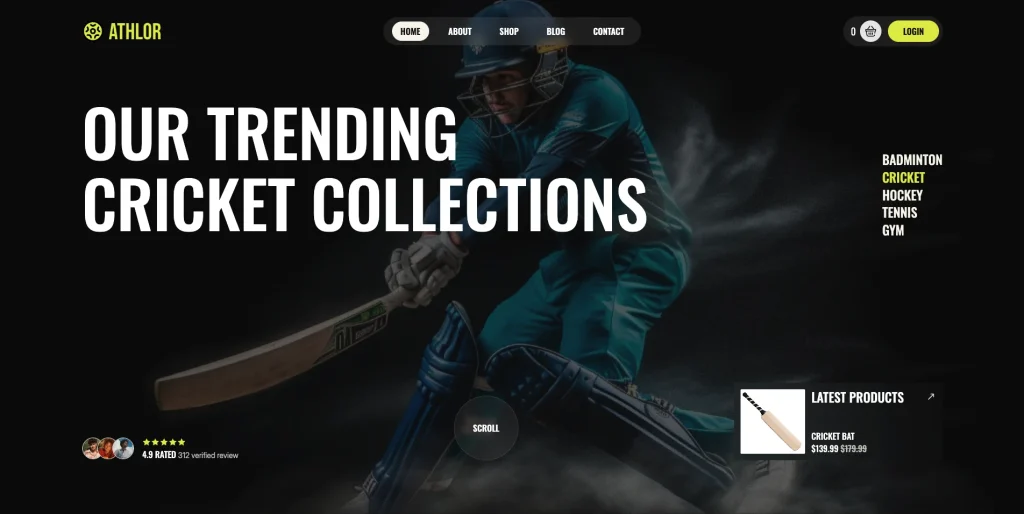 sports_focused_ecommerce_homepage - TNCFlow Hero banner with a cricket batsman in teal gear and bold white text reading'Our Trending Cricket Collections' on a dark background